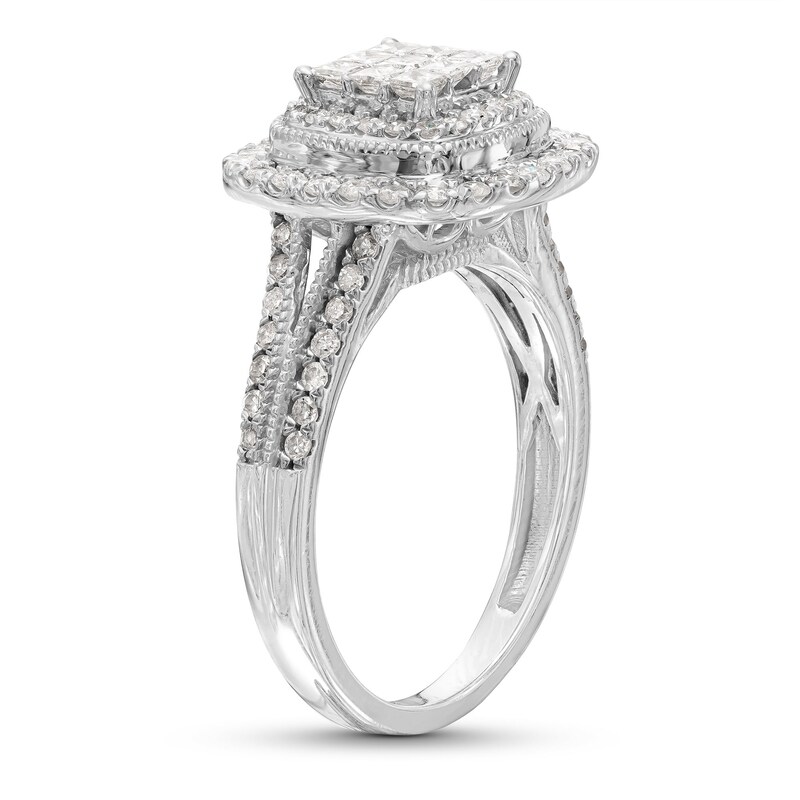 Main Image 3 of 1 CT. T.W. Princess-Cut Multi-Diamond Layered Frame Split Shank Vintage-Style Engagement Ring in 10K White Gold