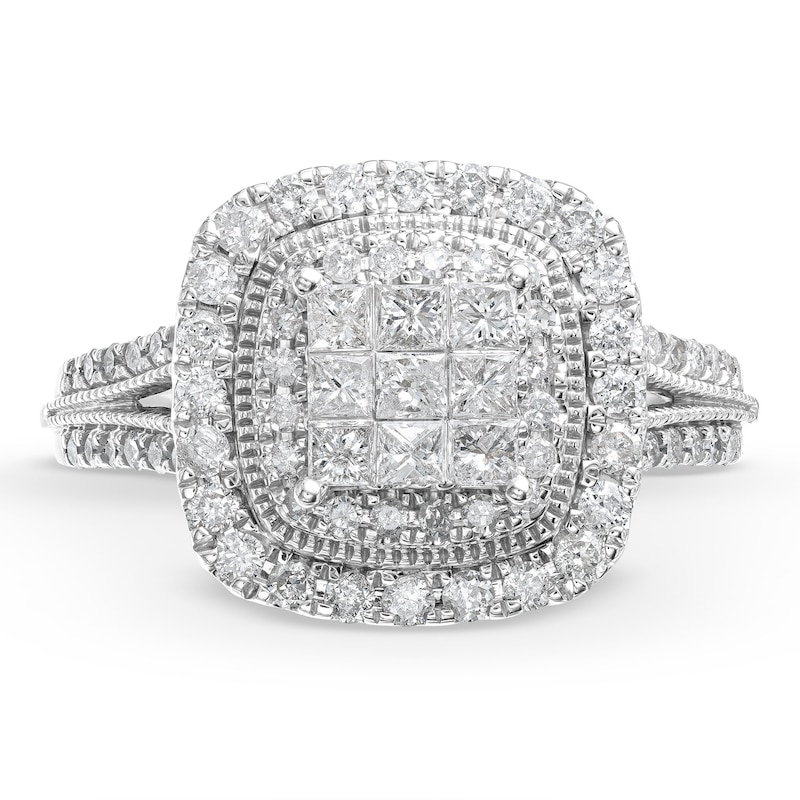 Main Image 4 of 1 CT. T.W. Princess-Cut Multi-Diamond Layered Frame Split Shank Vintage-Style Engagement Ring in 10K White Gold