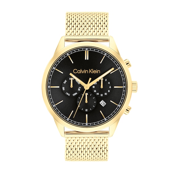 Menâs Calvin Klein Gold-Tone IP Chronograph Mesh Watch with Black Dial (Model: 25200375)