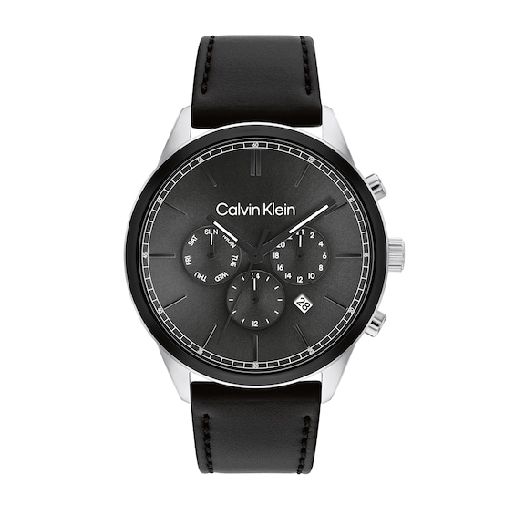 Menâs Calvin Klein Chronograph Black Leather Strap Watch with Grey Dial (Model: 25200379)