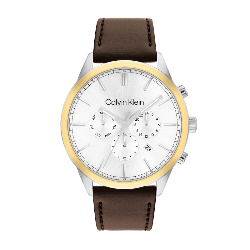 Men\'s Calvin Klein Two-Tone IP Chronograph Brown Leather Strap Watch with  Silver-Tone Dial (Model: 25200381) | Zales
