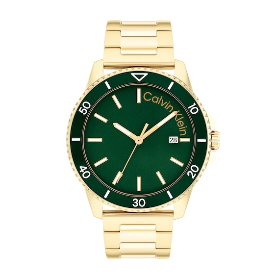 Menâs Calvin Klein Aqueous Gold-Tone IP Watch with Green Dial (Model: 25200383)
