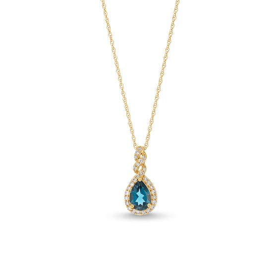 Pear-Shaped London Blue Topaz and 1/8 CT. T.w. Diamond Frame Twist Pendant in 10K Gold