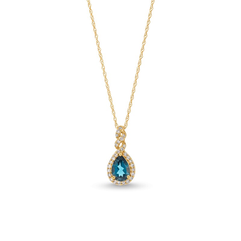 Main Image 1 of Pear-Shaped London Blue Topaz and 1/8 CT. T.W. Diamond Frame Twist Pendant in 10K Gold
