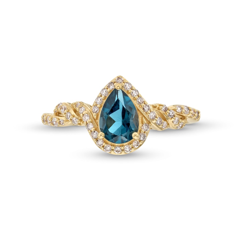 Main Image 4 of Pear-Shaped London Blue Topaz and 1/5 CT. T.W. Diamond Frame Twist Shank Ring in 10K Gold
