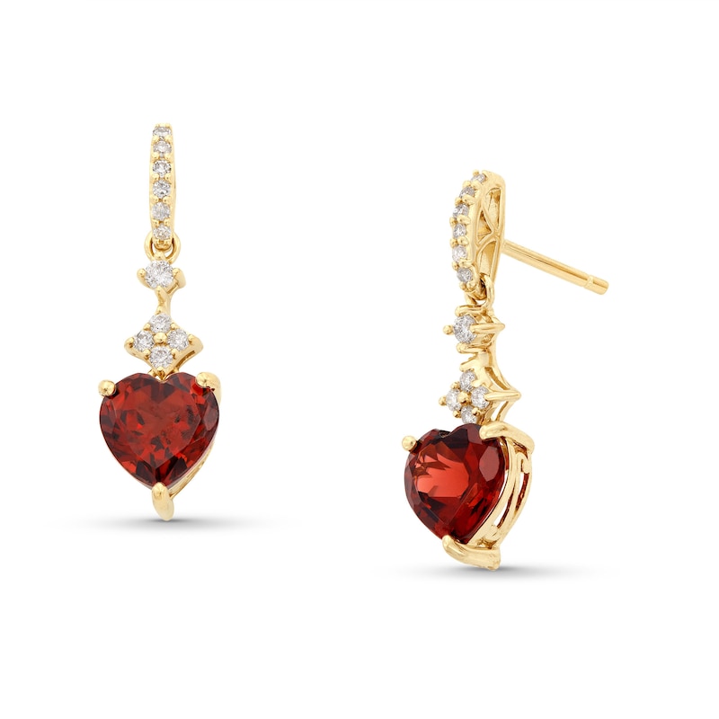 Main Image 1 of Heart-Shaped Rhodolite Garnet and 1/5 CT. T.W. Diamond Drop Earrings in 10K Gold