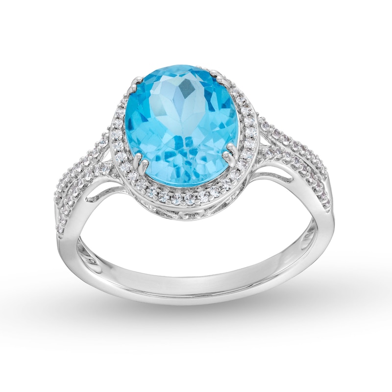 Main Image 1 of Oval Swiss Blue Topaz and Lab-Created Sapphire Halo Ring in Sterling Silver