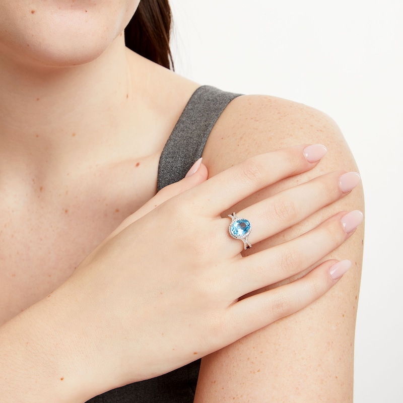 Main Image 2 of Oval Swiss Blue Topaz and Lab-Created Sapphire Halo Ring in Sterling Silver