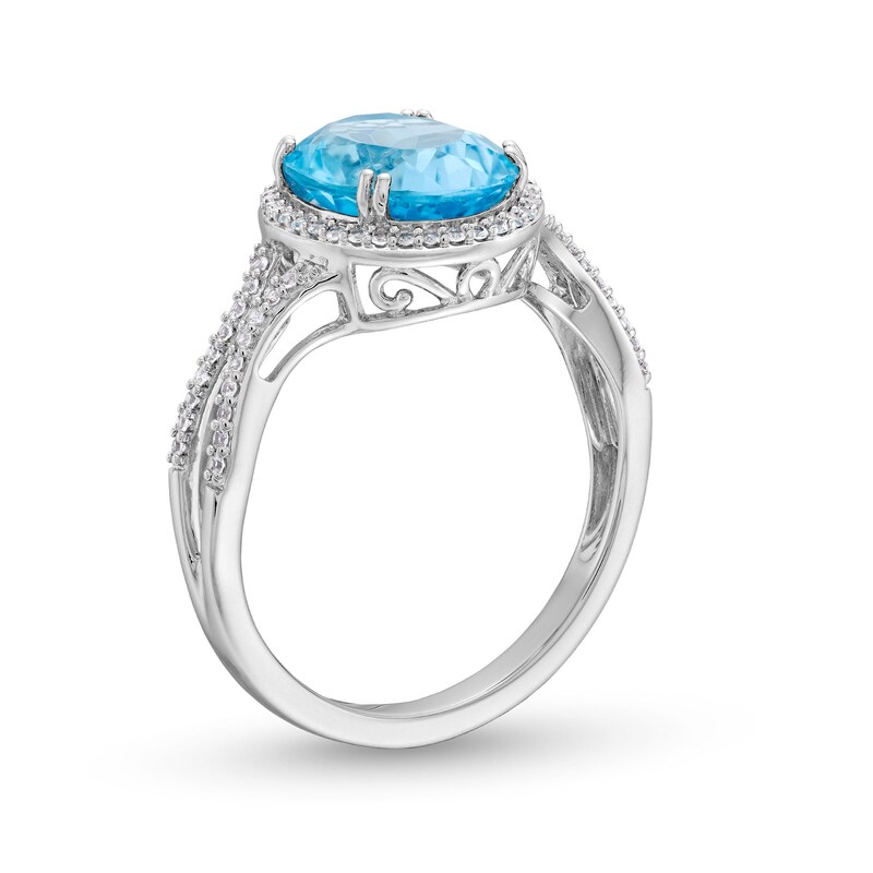 Main Image 3 of Oval Swiss Blue Topaz and Lab-Created Sapphire Halo Ring in Sterling Silver