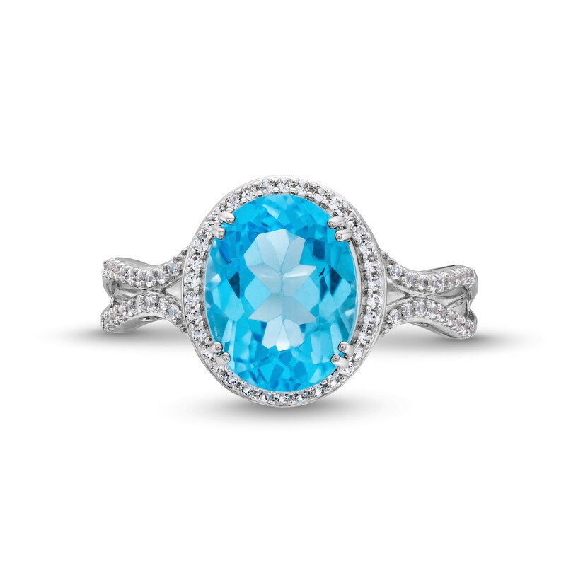Main Image 4 of Oval Swiss Blue Topaz and Lab-Created Sapphire Halo Ring in Sterling Silver