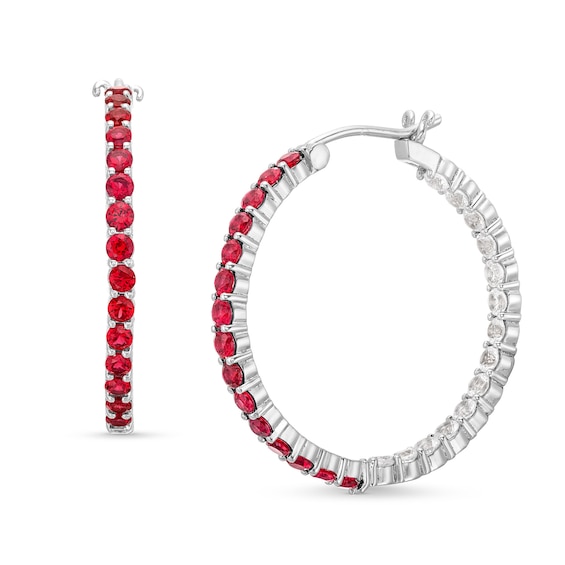 Lab-Created Ruby and White Sapphire Inside Out Hoops in 10K White Gold
