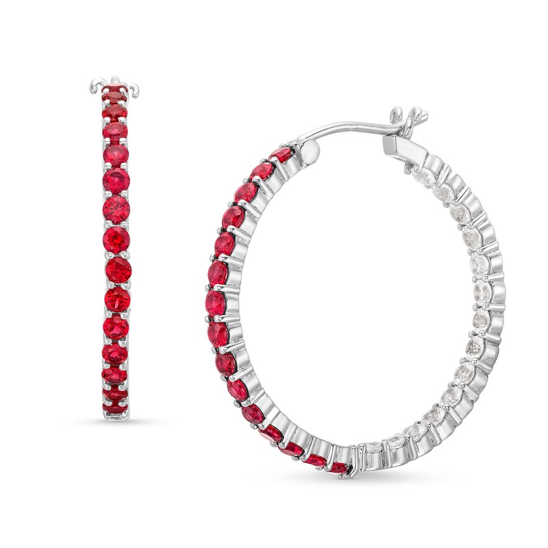Main Image 1 of Lab-Created Ruby and White Sapphire Inside Out Hoops in 10K White Gold