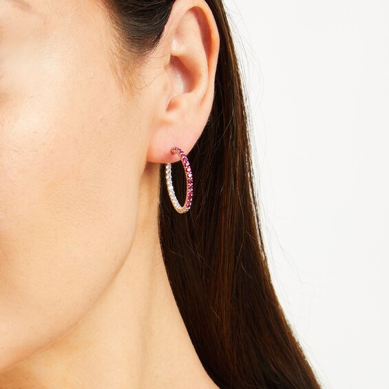 Lab-Created Ruby and White Sapphire Inside Out Hoops in 10K White Gold