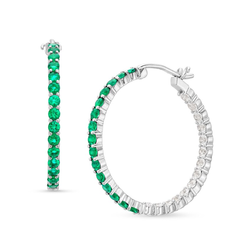 Main Image 1 of Lab-Created Emerald and White Sapphire Inside Out Hoops in 10K White Gold