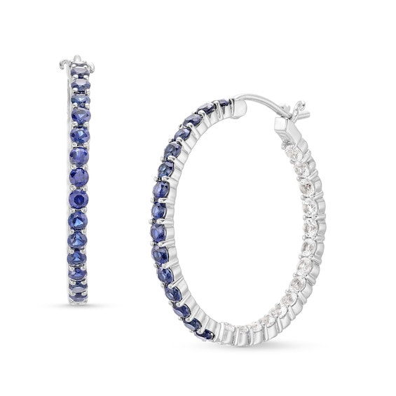 Lab-Created Blue and White Sapphire Inside Out Hoops in 10K White Gold