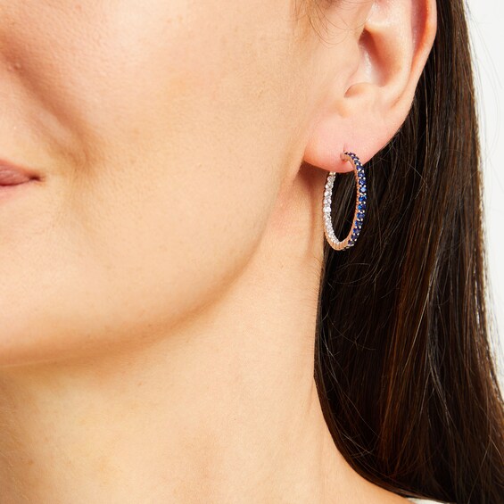 Lab-Created Blue and White Sapphire Inside Out Hoops in 10K White Gold