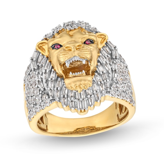 1-1/2 CT. T.w. Baguette and Round Diamond with Lab-Created Ruby Lion's Head Ring in 10K Gold