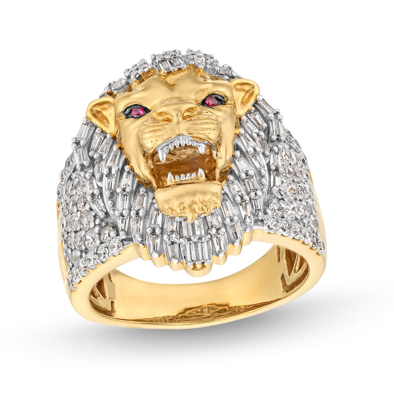 Men's 1-1/2 CT. T.W. Baguette and Round Diamond with Lab-Created Ruby Lion's Head Ring in 10K Gold