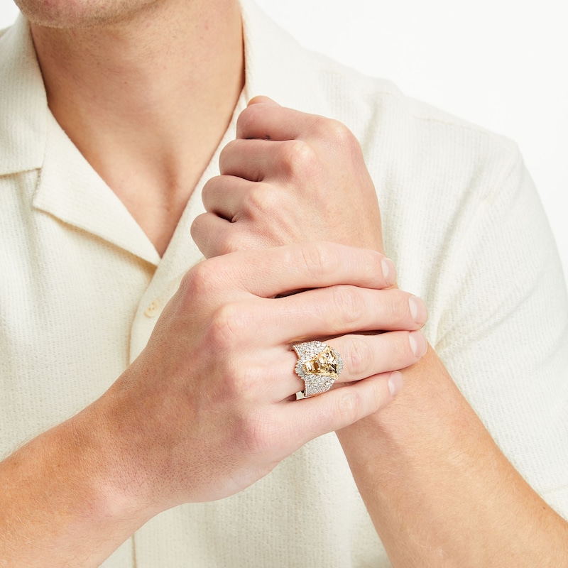 Men's 1-1/2 CT. T.W. Baguette and Round Diamond with Lab-Created Ruby Lion's Head Ring in 10K Gold