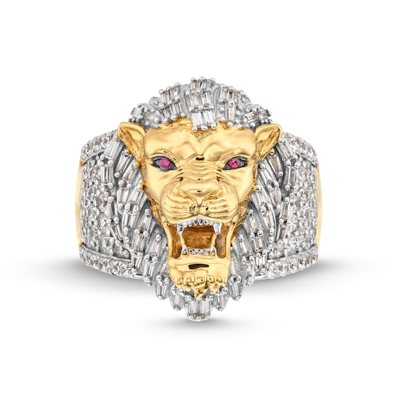 1-1/2 CT. T.w. Baguette and Round Diamond with Lab-Created Ruby Lion's Head Ring in 10K Gold