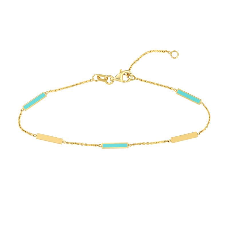 Main Image 1 of Alternating Turquoise Enamel and Polished Bar Station Bracelet in 14K Gold - 7.25"