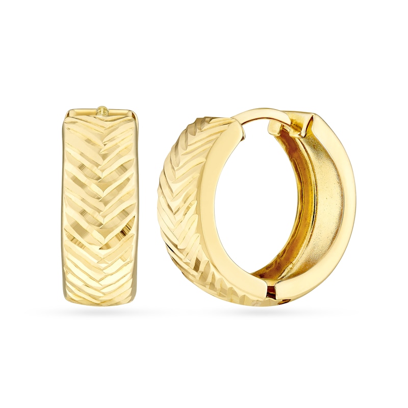 Main Image 1 of 12.0mm Diamond-Cut Herringbone Huggie Hoop Earrings in 14K Gold