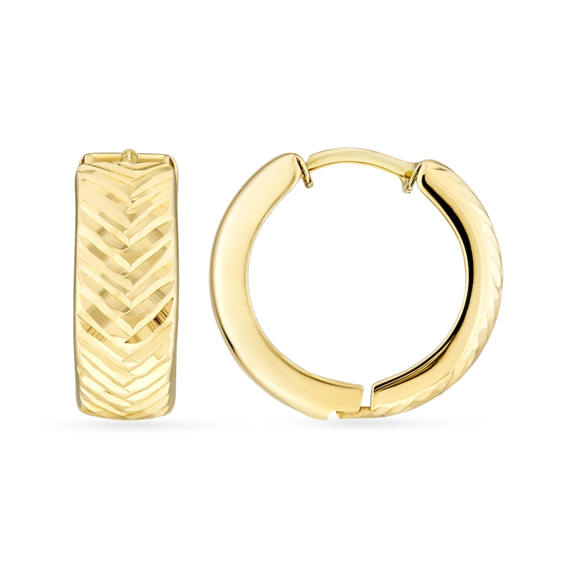 Main Image 2 of 12.0mm Diamond-Cut Herringbone Huggie Hoop Earrings in 14K Gold