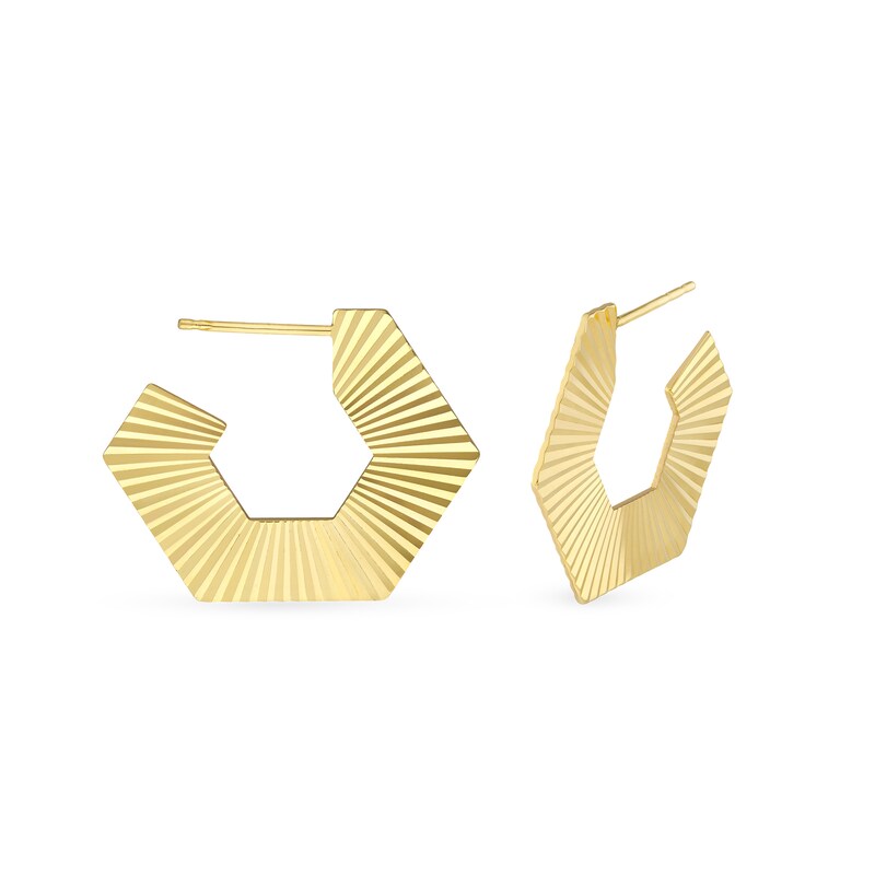 Main Image 1 of Sunburst-Textured Hexagon J-Hoop Earrings in 14K Gold