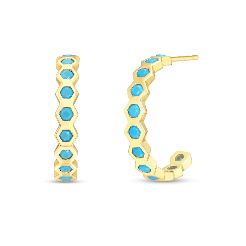 Main Image 1 of Turquoise Enamel Honeycomb J-Hoop Earrings in 14K Gold