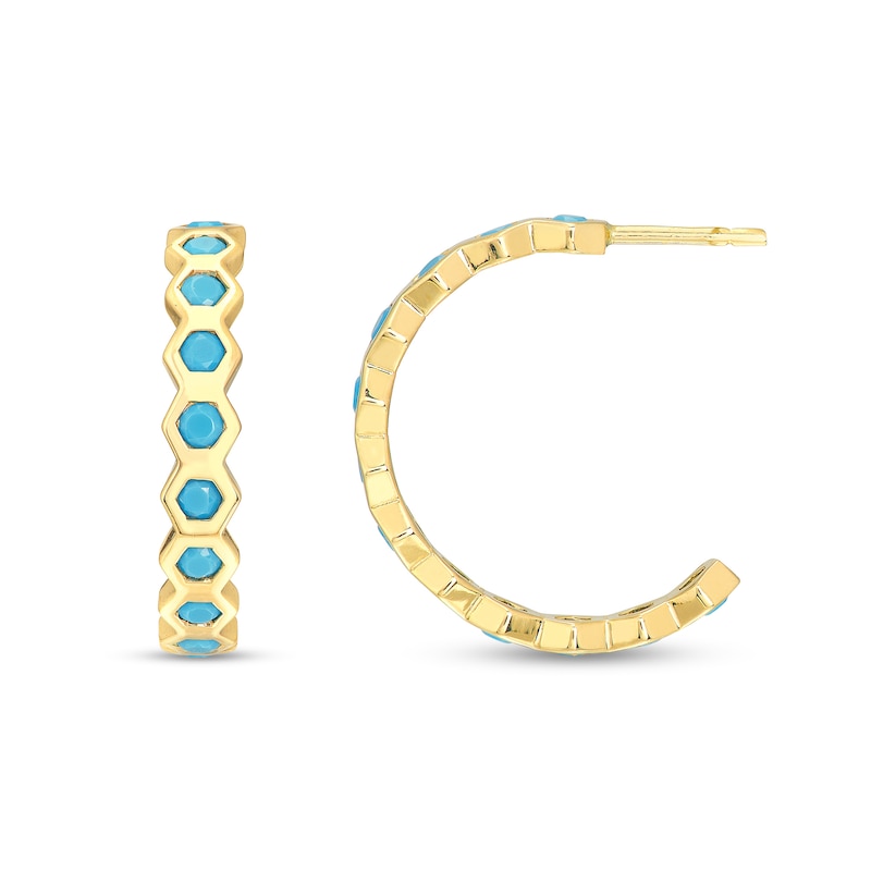Main Image 2 of Turquoise Enamel Honeycomb J-Hoop Earrings in 14K Gold