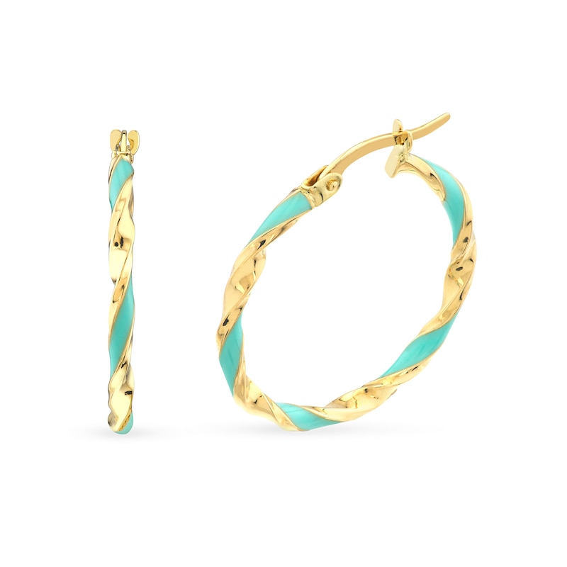 Main Image 1 of Turquoise Enamel Ribbon Twist Hoop Earrings in 14K Gold