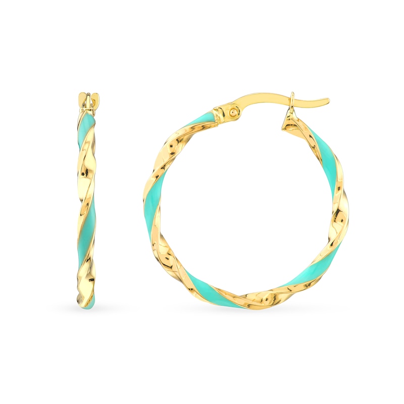 Main Image 2 of Turquoise Enamel Ribbon Twist Hoop Earrings in 14K Gold