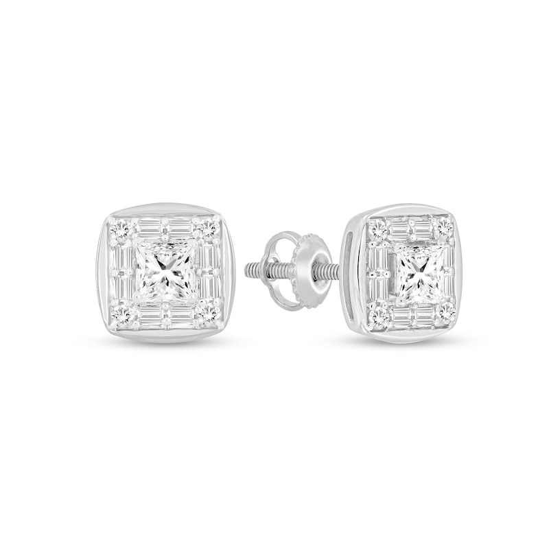 Men's 1/2 CT. T.W. Square-Cut Diamond Framed Stud Earrings in 10K White ...