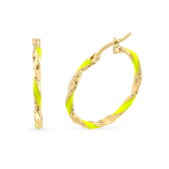 Yellow Enamel Ribbon Twist Hoop Earrings in 14K Gold