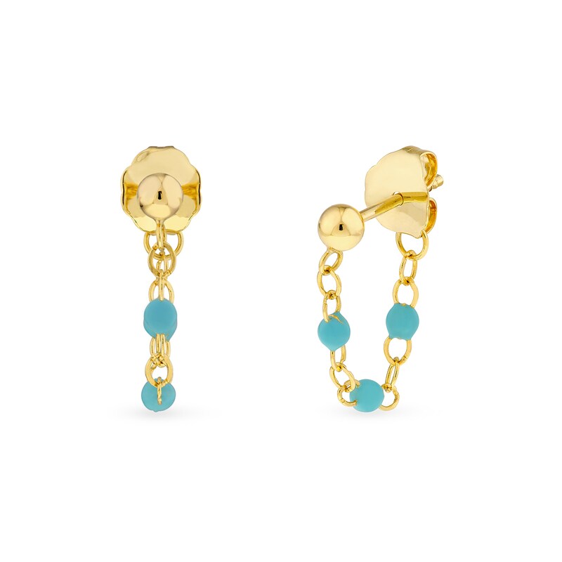 Main Image 1 of Turquoise Enamel Station Chain Drop Front/Back Earrings in 14K Gold