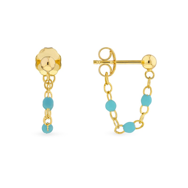 Main Image 2 of Turquoise Enamel Station Chain Drop Front/Back Earrings in 14K Gold