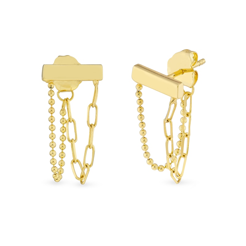 Main Image 1 of Horizontal Bar with Paper Clip and Bead Chain Drop Front/Back Earrings in 14K Gold