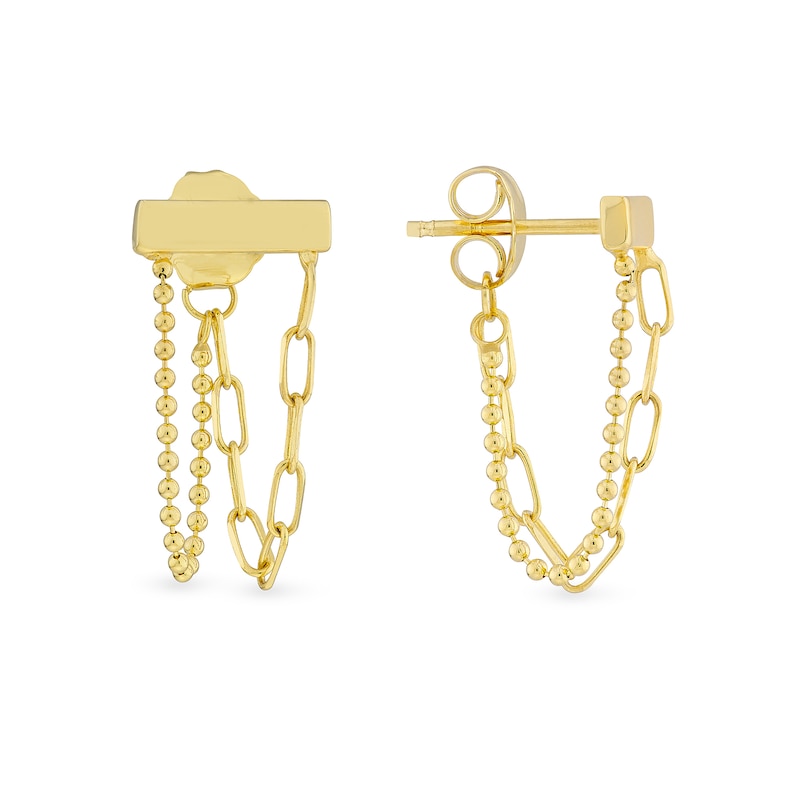 Main Image 2 of Horizontal Bar with Paper Clip and Bead Chain Drop Front/Back Earrings in 14K Gold