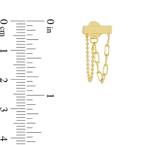Horizontal Bar with Paper Clip and Bead Chain Drop Front/Back Earrings in 14K Gold