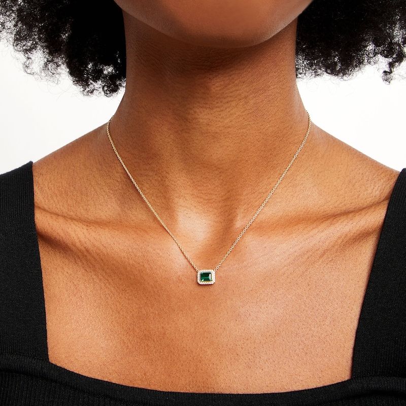 Sideways Emerald-Cut Lab-Created Emerald and White Lab-Created Sapphire Frame Necklace in 10K Gold - 17"