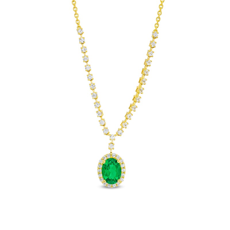 Main Image 1 of Oval Lab-Created Emerald and White Lab-Created Sapphire Frame Chain Necklace in 10K Gold - 17"