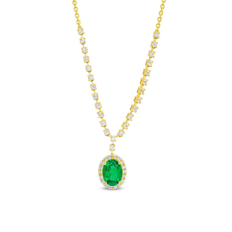 Oval Lab-Created Emerald and White Lab-Created Sapphire Frame Chain Necklace in 10K Gold - 17"