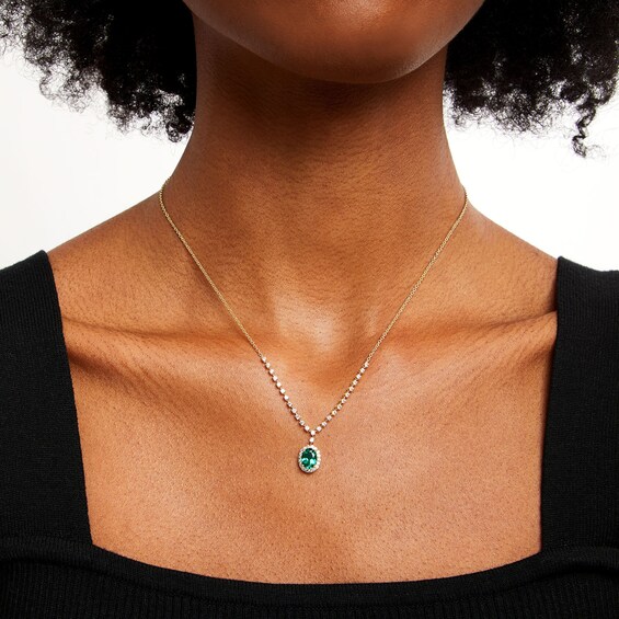Oval Lab-Created Emerald and White Lab-Created Sapphire Frame Chain Necklace in 10K Gold - 17"