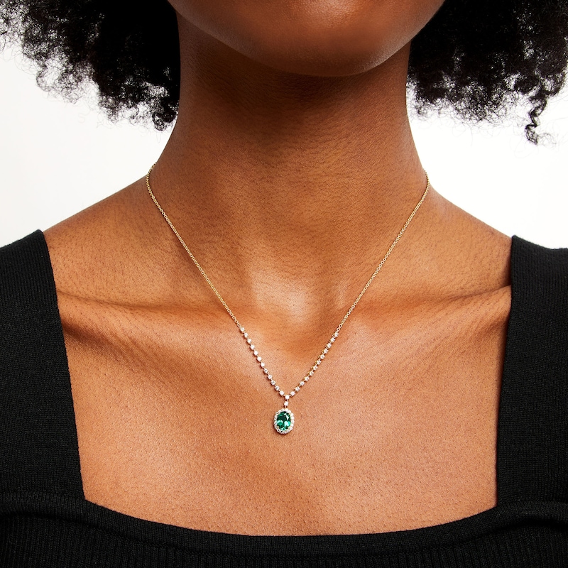 Oval Lab-Created Emerald and White Lab-Created Sapphire Frame Chain Necklace in 10K Gold - 17"