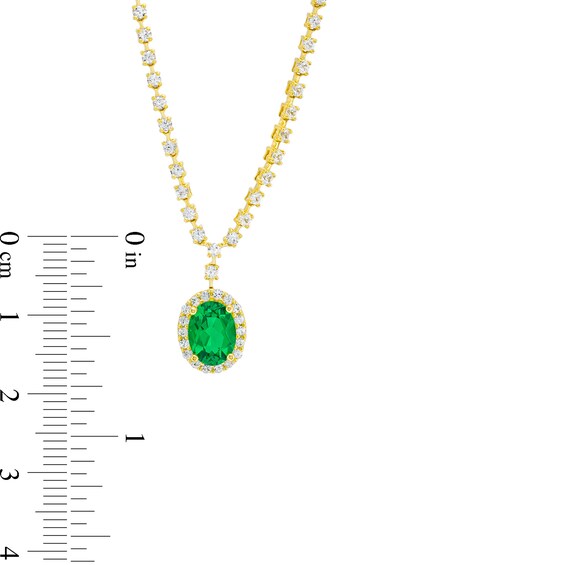 Oval Lab-Created Emerald and White Lab-Created Sapphire Frame Chain Necklace in 10K Gold - 17"