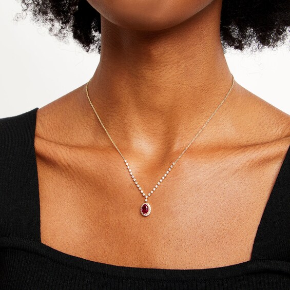 Oval Lab-Created Ruby and White Lab-Created Sapphire Frame Chain Necklace in 10K Gold - 17"