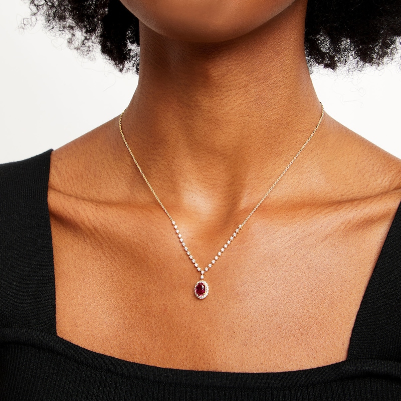 Oval Lab-Created Ruby and White Lab-Created Sapphire Frame Chain Necklace in 10K Gold - 17"