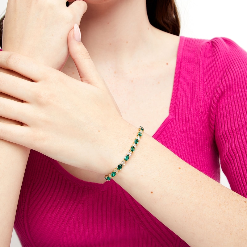 Pear-Shaped Lab-Created Emerald and White Lab-Created Sapphire Alternating Bracelet in Sterling Silver with Gold Plate