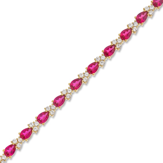 Pear-Shaped Lab-Created Ruby and White Lab-Created Sapphire Alternating Bracelet in Sterling Silver with Gold Plate