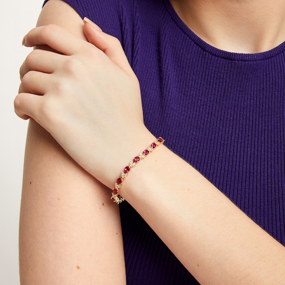 Pear-Shaped Lab-Created Ruby and White Lab-Created Sapphire Alternating Bracelet in Sterling Silver with Gold Plate